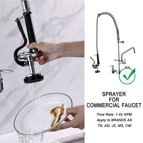 Pro Grade Pre Rinse Spray Valve With 38 Inch Flexible Stainless Steel Hose For Commercial Sinks And Restaurant Faucets in use