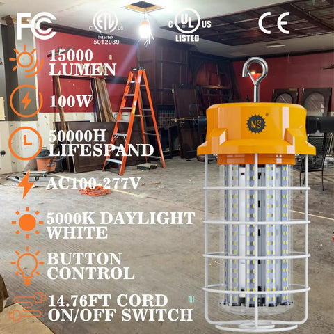 Beefed Up 100W LED Work Light With 15,000 Lumens in warehouse, 5000K Cool White, 14.76 Ft Cord, Linkable Hanging Light
