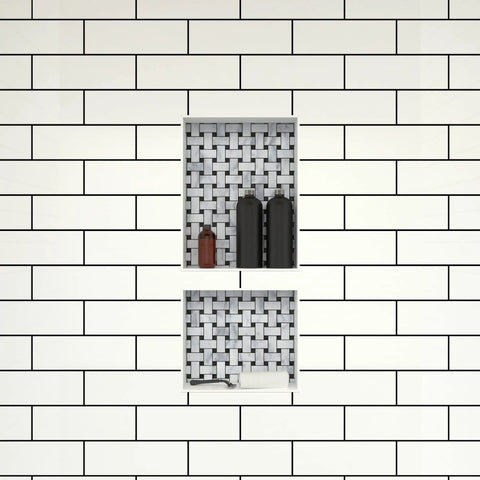 Double Niche Recessed Shower Shelf In Black With Two Inner Shelves For Easy Shower Storage 16 Inch Width 34 Inch Height 4 Inch Depth Tile Ready Surface Install Horizontal Or Vertical A Smart All In One Shower Organizer with toiletries displayed