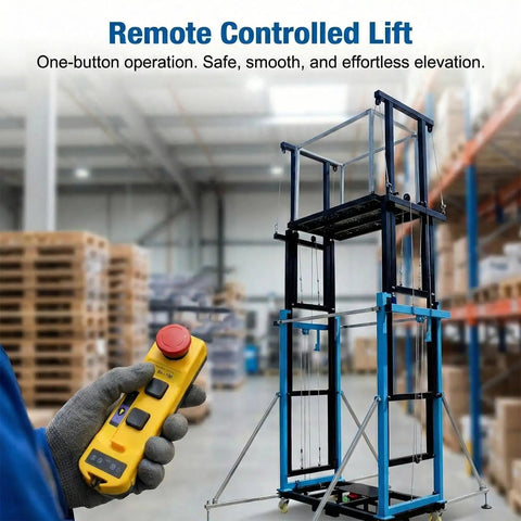Heavy Hitter Electric Scaffolding Lift With Smooth Remote Control And Pro Level Foldable Mobile Work Platform, remote control in use.