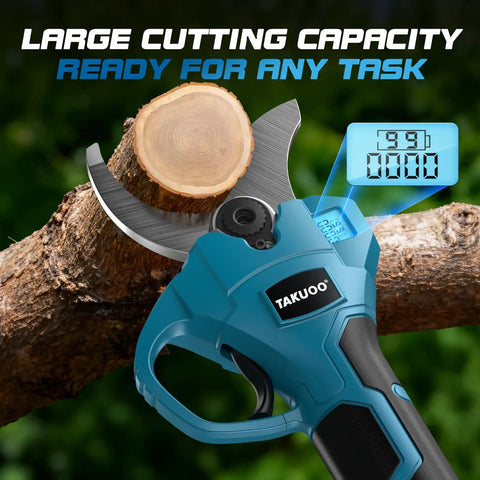 Cordless Pole Pruner with 21V battery, cutting 2.4 inch branch, electric pruning shears, brushless motor close-up.