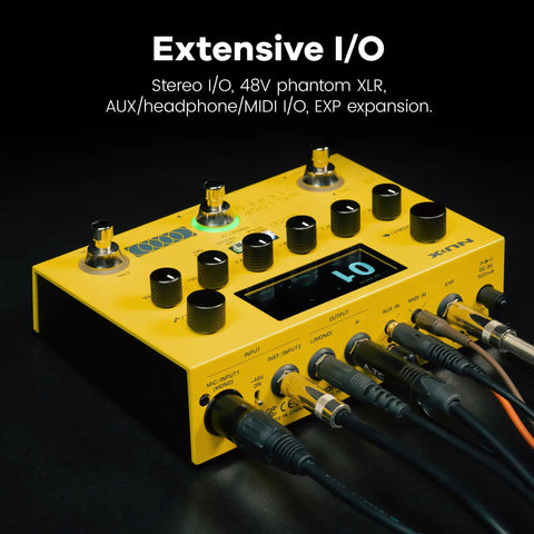 Dual Track Stereo Looper Pedal For Electric Guitar With Dual Drum Machine Extensive I/O stereo XLR MIDI connectors visible
