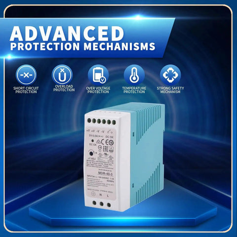 30W 5V DC DIN Rail Power Supply With 6A Output Wide Input 85 to 264 VAC Or 120 to 370 VDC Class I Division 2 Hazardous Location Auto Recovery Short Circuit Overcurrent and Overvoltage Protection For Rock Solid Global Installations, blue DIN rail module