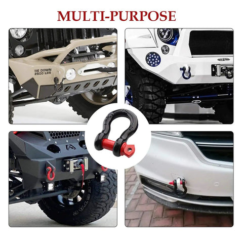 Two Pack Half Inch Heavy Duty D Ring Shackle Set Built Tough For Off Road Towing, 12 Ton Break Strength And 2 Ton Load Capacity, Rugged 45 Steel Recovery Shackles For Winch And Tie Down in use on various off-road vehicles