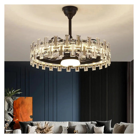 Slick Black Crystal Ceiling Fan Light With No Fuss Remote And Super Quiet Blades Built For Modern Living Rooms Or Bedrooms, center view.