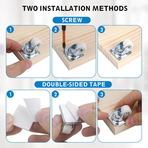 Installation methods for Eight Pack Mini Caster Wheels 0.6 Inch Low Profile Swivel Casters using screws or adhesive tape on wood.