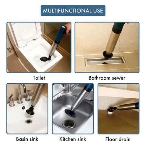 5 In 1 High Pressure Air Drain Blaster Plunger Kit For Toilet Sink Bathtub Shower And Floor Drains in use on various drains