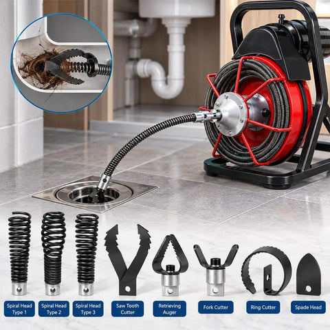 Heavy Duty Eight Piece Drain Auger Head Replacement Kit For General Mini Rooter Pro with spiral coils and cutting heads.