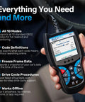 Bluetooth OBD2 Scanner with Live Data Code Reader held in hand showing screen and buttons for diagnostic tool use in cars 1996 and newer