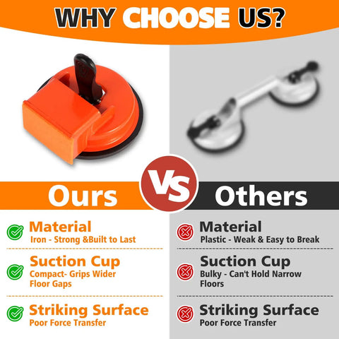 Comparison of floor gap repair tool with iron build and suction cup feature against weaker plastic model.