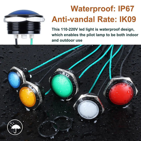 Blue 22mm LED Indicator Light 110 220VAC Waterproof IP67 Raised Head Pilot Lamp With Wire No Fuss Install For Household Appliances DIY 20mA Aluminum Alloy Black Anodized Shell 2 Pack, blue waterproof panel light