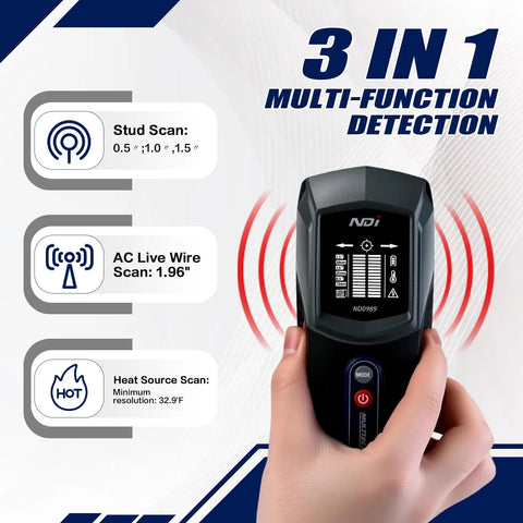Handheld Heavy Duty Multi Function Stud Finder And AC Live Wire Detector Precision Depth Reader for drywall and beams.