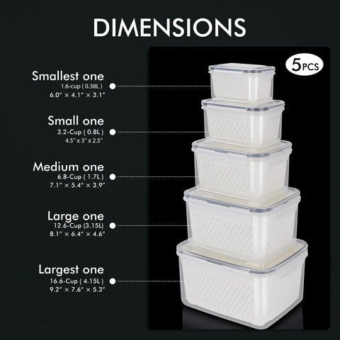 5 Pack Large Fridge Storage Containers Set With Leakproof Lids Removable Colander BPA Free Dishwasher And Microwave Safe Go To Choice For Leftovers Meal Prep And Fresh Produce Up To 4.15L displayed in various sizes from smallest to largest.