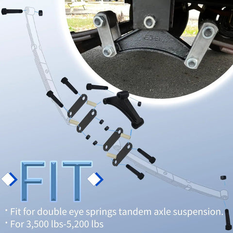 Diagram of Trailer Shackle Kit for Double Eye Springs 3,500 to 7,200 lbs with equalizers, straps, and bolts shown on axle.
