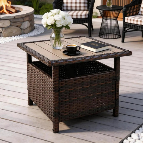 All Weather Outdoor Umbrella Stand Table With Two Weight Bags 22 Inch Wicker Side Table With Umbrella Hole Sturdy Rattan Base