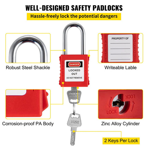 Lockout Tagout Kit 42 Piece Safety Set with padlocks, writeable label, zinc alloy cylinder, robust steel shackle, corrosion-proof body