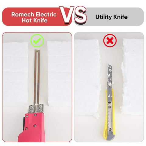 Comparison of Heavy Hitter Electric Hot Knife Foam Cutter With 200 Watt Adjustable Heat and utility knife cutting EPS foam.