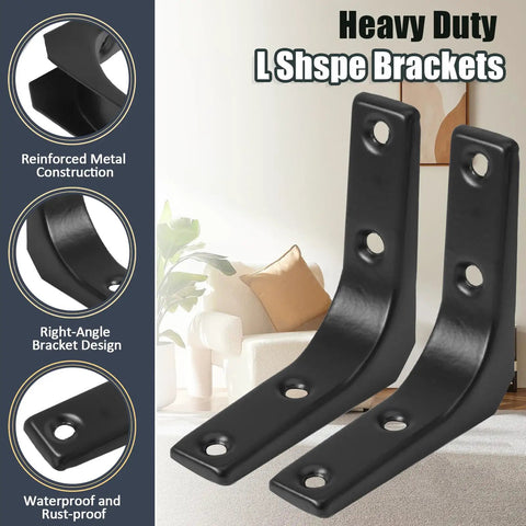 Built Like A Tank Heavy Duty L Brackets 2X2 Inch Black Powder Coated Steel Corner Supports Eight Pack reinforced metal design