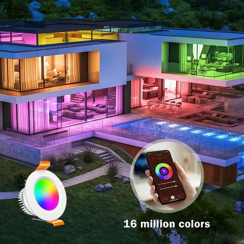 Smart 2 Inch Recessed LED Downlight Kit That Slaps 5W 120V Dimmable RGB CW color changing lights outside modern house