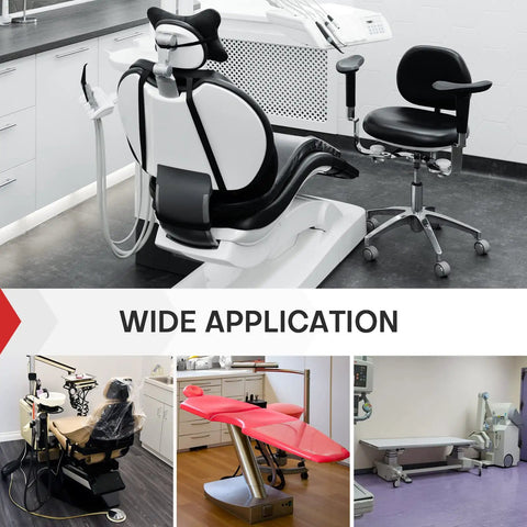 Collage of various automated chairs and tables in medical and dental settings.