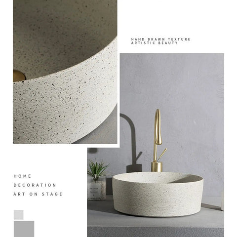 Straight Up Premium Round Porcelain Vessel Sink 15.7 Inch Above Counter with unique texture and modern gold faucet.