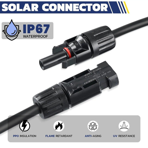 Image of IP67 waterproof solar connector with PPO insulation and UV resistance features, part of All-In-One Solar Crimping Tool Kit With Stripper And Spanners, 20 Pairs MC4 Connectors For PV Cable Installation, AWG14-10 (2.5/4/6mm2) Pro Grade Set With Portable Organizer.