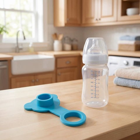 Blue Silicone Bathtub Drain Plug Stopper for Easy Removal next to clear baby bottle on a wooden kitchen countertop.