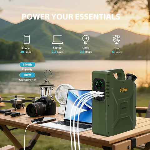 Portable Power Station 500Wh Lifepo4 Solar Generator With 500W Pure Sine Wave AC Outlet And 60W USB C PD Quick Charge For Camping Rv And Home Blackouts Hella Reliable Emergency Backup on wooden table outdoors.