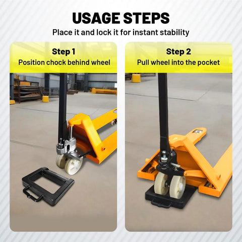 Kickass Heavy Duty Pallet Jack Wheel Chock With Anti Slip Grip in usage steps for securing truck wheel stability.