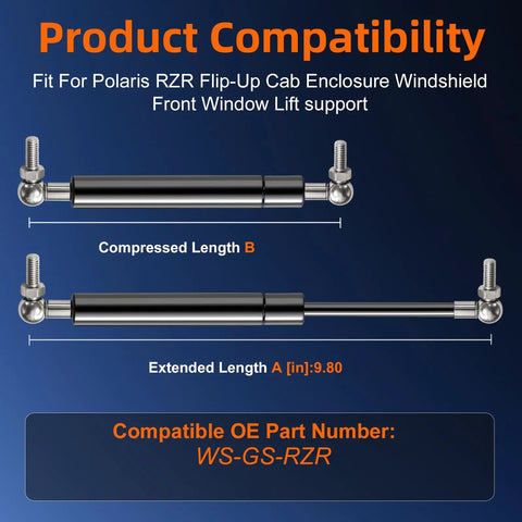 Kickass Front Windshield Gas Lift Strut Replacement For All Terrain Ride Featuring Heavy Duty Shock Support And Boss Grade Reliability Factory Matched For Off Road Vehicles And Smooth Automatic Opening, showing product compatibility for Polaris RZR.