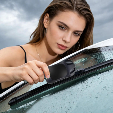 Slick Windshield Wiper Repair Tool For Quick Fix Rubber Edge Resurfacing On Car And Truck Blades To Restore Crystal Clear Vision During Heavy Rain No Hassle Ride Ready Essential being used by a woman on a car windshield.
