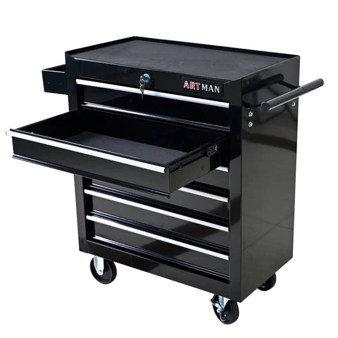 Heavy Duty Rolling Tool Chest With Six Roomy Drawers, showing open drawer and sleek design for organized tool storage.