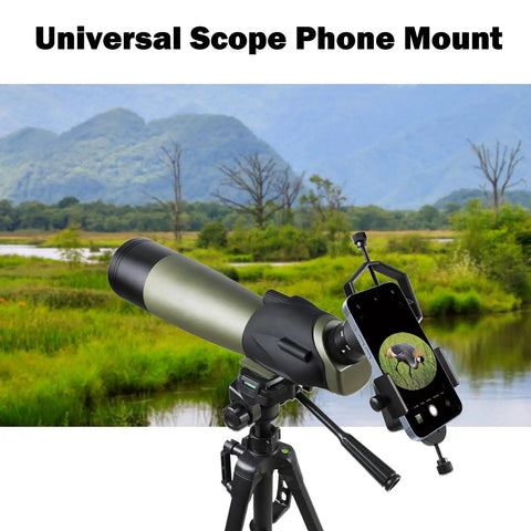 2 Axis Phone Scope Mount For Telescopes And Microscopes Universal Smartphone Adapter in use with a green spotting scope outdoors