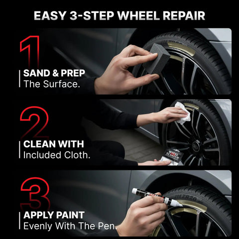 Silver Wheel Touch Up Paint Kit For Cars Easy 3 Step DIY Alloy Rim Repair with Fast Dry Pen in use on car wheel