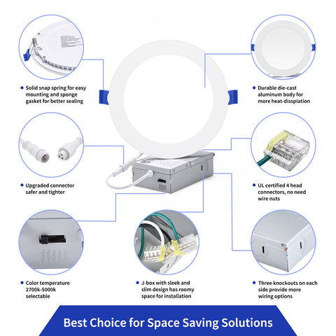 Detailed features of 16 Pack 6 Inch LED Recessed Canless Wafer Lights With 5CCT Selectable 2700K To 5000K, Dimmable 12W 1050LM
