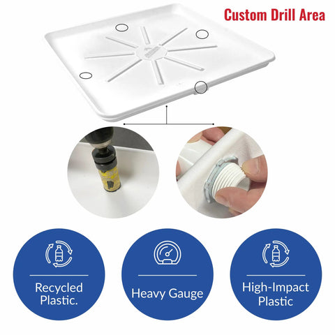 Durable Undrilled Washing Machine Drain Pan Tray With Included One Inch Drain Fitting for washer and dryer with features