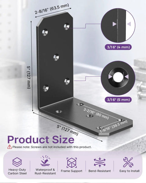 Rock Solid Heavy Duty L Brackets 5X5X2.5 Inch Thick Steel Corner Supports Built Tough For 300 Lb Loads With Zero Sag Promise Quick Weekend Warrior Install 4 Pack close-up showing dimensions and mounting holes