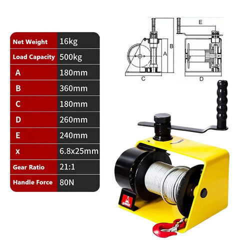 Workhorse Heavy Duty Worm Gear Hand Winch Two Way Self Locking Manual Crank with dimensions and specs