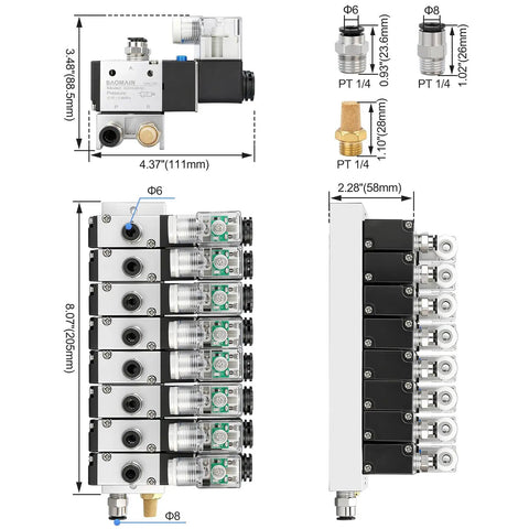 Dimensions of Eight-Station Solenoid Valve Manifold Kit, Heavy-Duty 12V DC 3 Way 2 Position Pneumatic Air Valves, Model 3V210-08