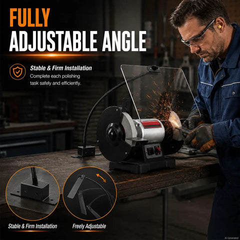 Battle Ready Adjustable Bench Grinder Shield Built For Tight Clearance Fits That Block Hot Sparks And Flying Slag While Keeping Your Eyes Protected Through Demanding Machine Operations And Weekend Builds, showing adjustable clear acrylic shield in use.