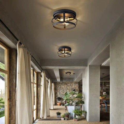2-Light Farmhouse Flush Mount Ceiling Light In Black Finish, 11.4-Inch Rustic Industrial Fixture With Metal Cage in hallway