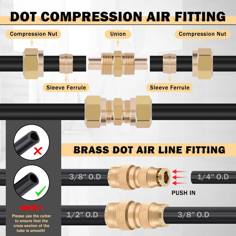 Brass DOT air line fittings kit with push-in connectors and black air hoses; multiple size adapters