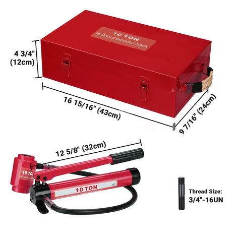 Heavy Duty 10 Ton Hydraulic Knockout Punch Set Rugged Pro Workhorse handles in a durable red case with dimensions displayed.