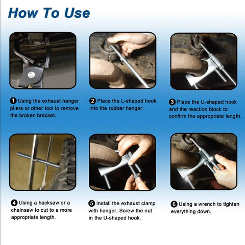 Step-by-step installation of Beefy Heavy Duty Universal Exhaust Clamp With Hanger For 3 Inch Exhaust Pipes under vehicle.