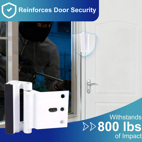 2-Pack Heavy-Duty Door Security Lock and Childproof Reinforcement Latch Hella Tough with 800 Lbs Force Rating for Kick-Proof Entry Protection Includes Hardware for Easy Install in White displayed with a potential intruder.