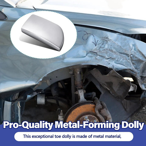Heavy Duty Iron Toe Dolly For Auto Body Dent Repair And Panel Straightening built like a tank, view with metal surface near car damage.
