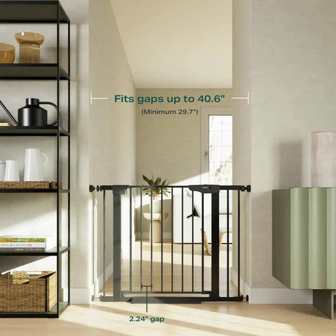 Expandable Baby Gate For Stairs And Doorways With Auto Close Pressure Mounted Pet Gate For Dogs Indoors Kid Safe Easy Walk Through Door Black Fits 29.7 To 40.6 Inches Moms Choice Awards Winner installed in hallway