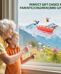 Two Pack Window Hummingbird Feeder With Strong Suction Cups For Outdoors Built In Moat And Easy To Clean Refill 10Oz Red Plastic Hummingbird Feeders For Garden Yard Patio Observation, mounted on window with birds feeding.