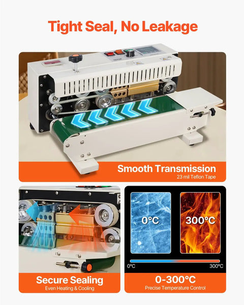 Heavy Duty Continuous Band Sealer Machine With Digital Temperature Control 600W Power Horizontal Bag Sealer features and graphics.