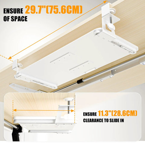 Under Desk Keyboard Tray With Pull Out Slide And C Clamp Mount, 29.7 Inch Total Length, white tray under a desk